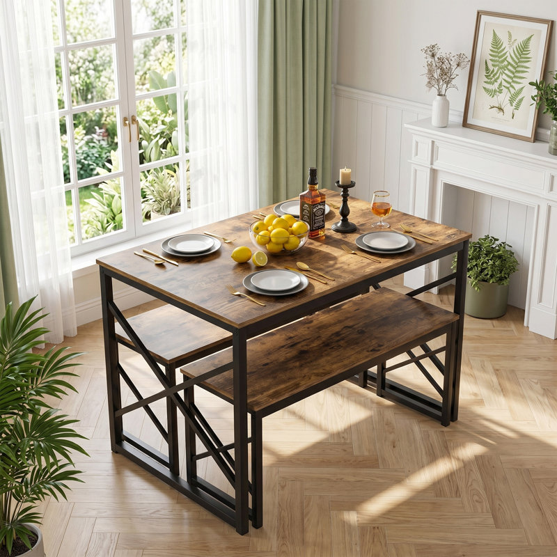 3-Pieces Dining Table Set, Rectangle Dinette With 2 Benches, Metal Frame For Dining Room, Living Room, Brown