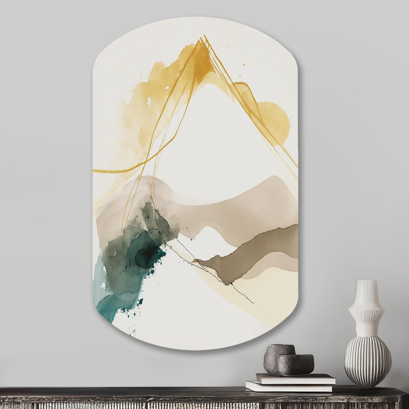 Moutarde jaune Secrets II - Art abstrait encre liquide cylindrique en métal asymétrique, H 31 po x l 19 po