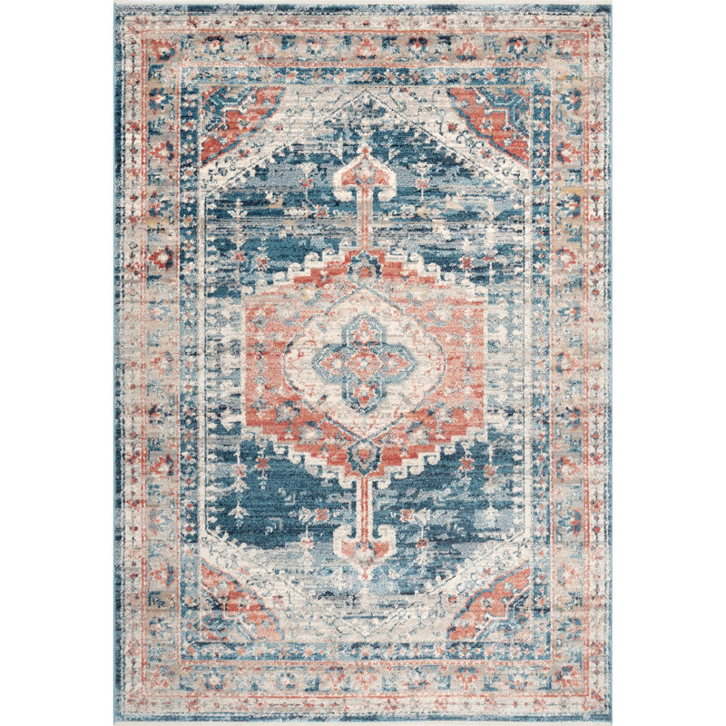 Tapis médaillon Mauna pour le salon, la salle à manger et la cuisine, bleu / ivoire, Rectangle 5 pi 3 po x 7 pi 6 po