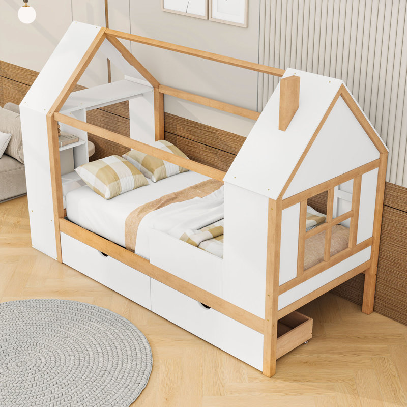 Lit plateforme House avec tiroirs et tablettes, White Natural