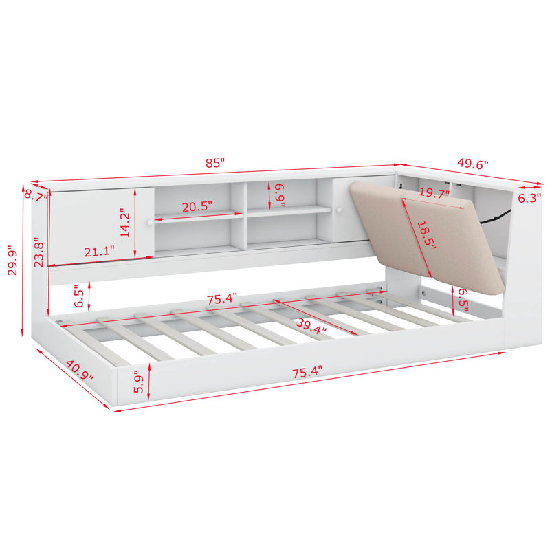 Twin Size Daybed Bed With Storage Bookcase And Upholstered Storage Headboard, Floor Bed With Charging Station, White
