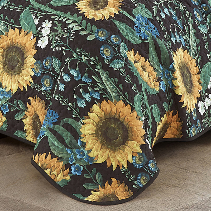Sunny Floral Black and Yellow Queen Bedspread Set