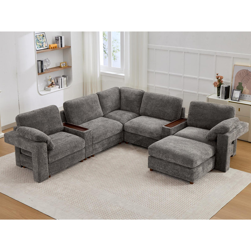 6 - Piece 120.8" Teddy Corner Sectional Sofa Modular Cloud Couch with Ottoman and Storage Side Table, Gray Teddy