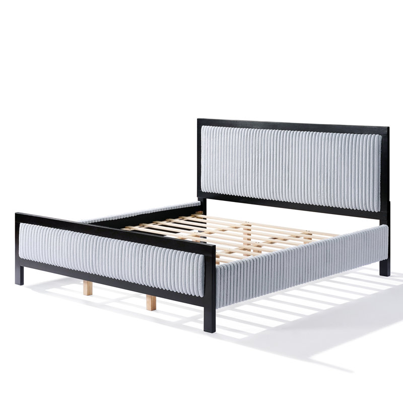 King Upholstered Bed, Fluffy Headboard, Black And Grey Design, Solid Rubber Wood Bed Frame, Silent Slats For Undisturbed Nights, Easy Installation In Bedroom Size Platform With Soft High - Strength