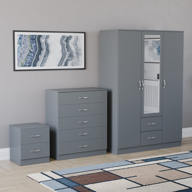 Maybery 3 Piece Bedroom Set (2 Drawer Bedside Chest, 5 Drawer Chest, 3 Door 2 Drawer Mirrored Wardrobe), (5), Grey
