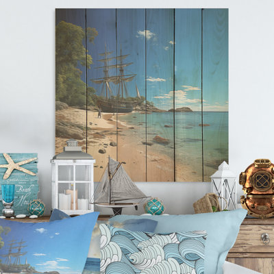 Pirate Ship Tropical Shores Of Redemption - Pirate Wood Art On Natural Pine Wood