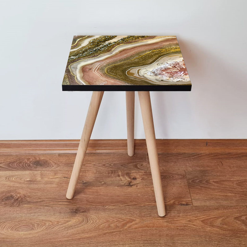 Élégante table d'appoint abstraite en marbre doré et brun, 13,8 po x 16,5 po x 13,8 po | 100% panneau de fibres à densité moyenne avec pieds en bois de hêtre, épaisseur: 0,7 pouce | Accent élégant pour le salon et la chambre à coucher, moderne et fonctionnel