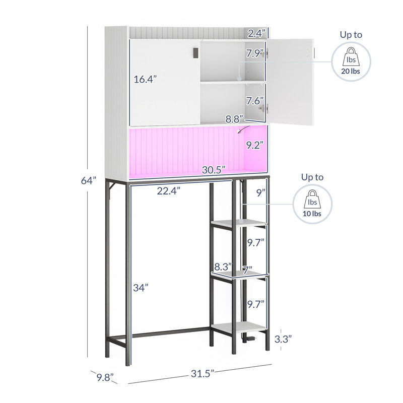 Over The Toilet Storage Cabinet w/ LED, Anti-Tipping Device, White