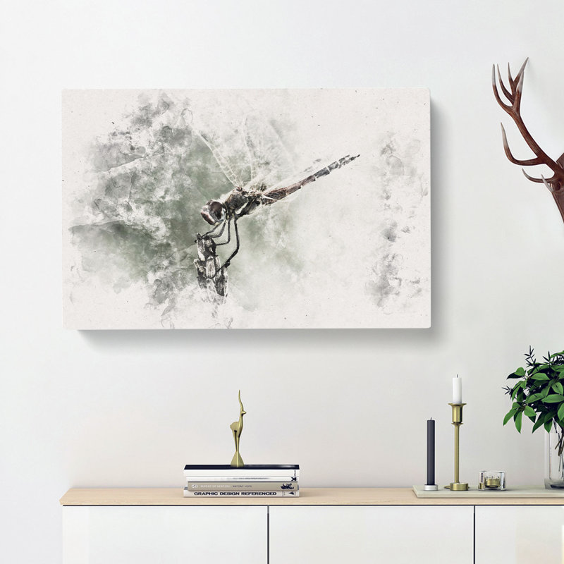 Perched Dragonfly Watercolour - Wrapped Canvas, 60cm H x 91cm W x 3cm D