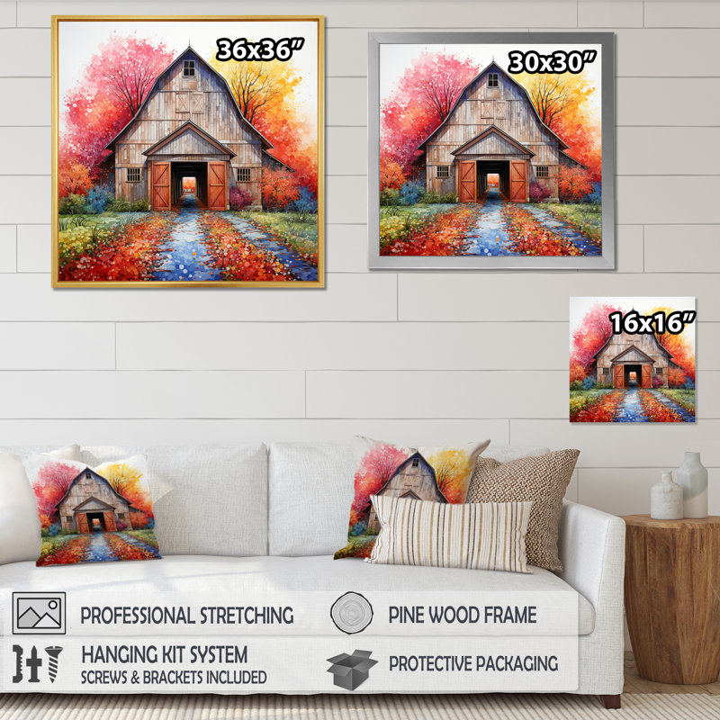 " Barn Symmetry Pointillism I ", White Floater Framed, 30" H x 30" D x 1" D