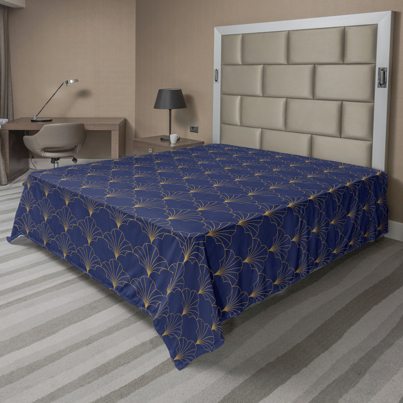 Polyester Floral Flat Sheet, Full Flat Sheet, Navy Blue/Sand Brown