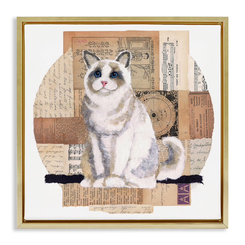 Art mural rétro sur toile, "Collage Cat" par Nancy Overton, Cadre flottant métallique doré, H 25 po x l 25 po