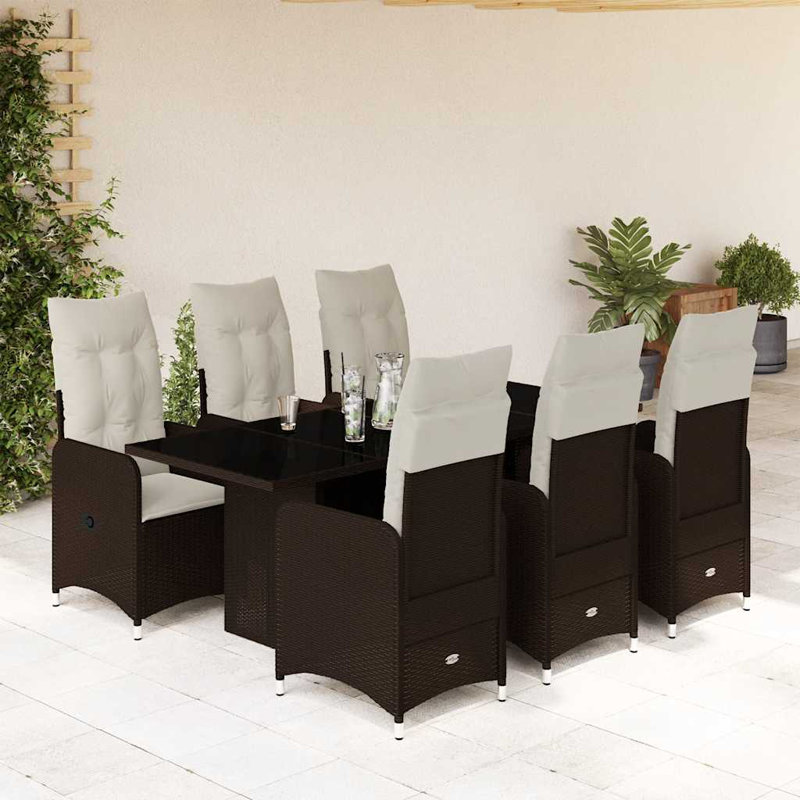Ensemble bistro de patio avec coussins en rotin de polyester brun, 6, H 29,5 po x l 74,8 po x P 31,5 po