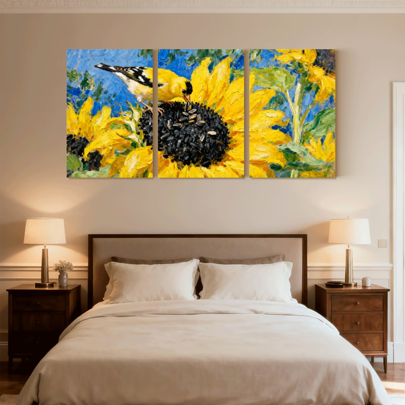 Oiseaux, tournesol, alimentation de la nature, ensemble de 3 impressions sur toile, H 30 po x l 60 po