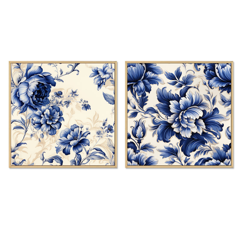 Regal - Cobalt bleu à motif damassé victorien III, H 16 po x l 33 po, Cadre flottant brun
