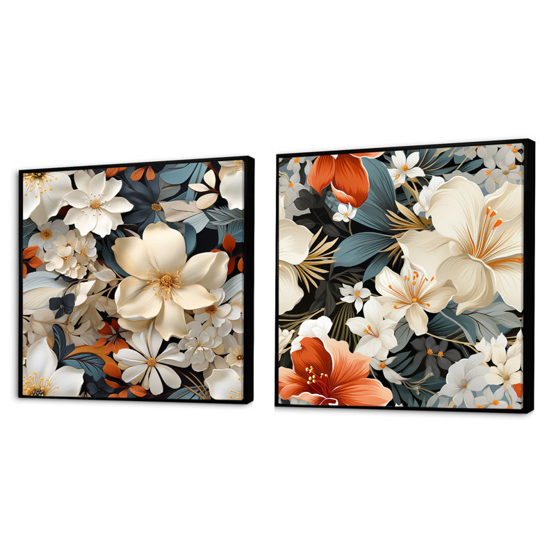 Paradis floral blanc et doré - ensemble de 2 collages floraux carrés, H 16 po x l 33 po, Cadre flottant noir