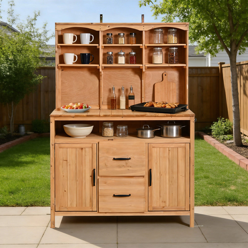 65''H Outdoor Patio Kitchen Island With Hutch, Cabinets, Natural 