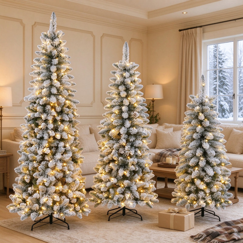 3 Pcs Flocked Artificial Christmas Tree Set with Pre-Lit Lights,4ft 5ft 6ft Snow Covered Christmas Trees for Holiday Decor