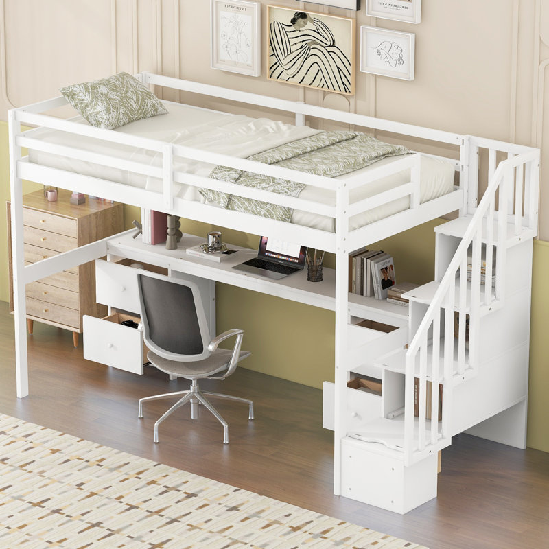 Lit mezzanine simple avec bureau et 2 tiroirs de rangement, meubles en bois massif pour enfants, blanc, Blanc