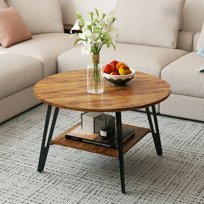 2 Tier Round Coffee Table With Square Shelf, Center Table With Solid Iron Legs For Living Room