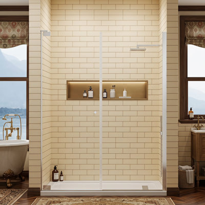 Porte de douche pivotante à fermeture douce l 60 po x H 75 po, verre trempé transparent de 5/16 po (8 mm) avec porte pivotante semi-sans cadre avec revêtement nano double face, pour salle de bain principale / secondaire, argent