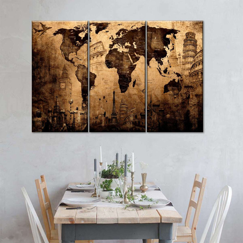 " Old Landmark World Map " 3 - Pieces, 20" H x 33" W x 1.25" D