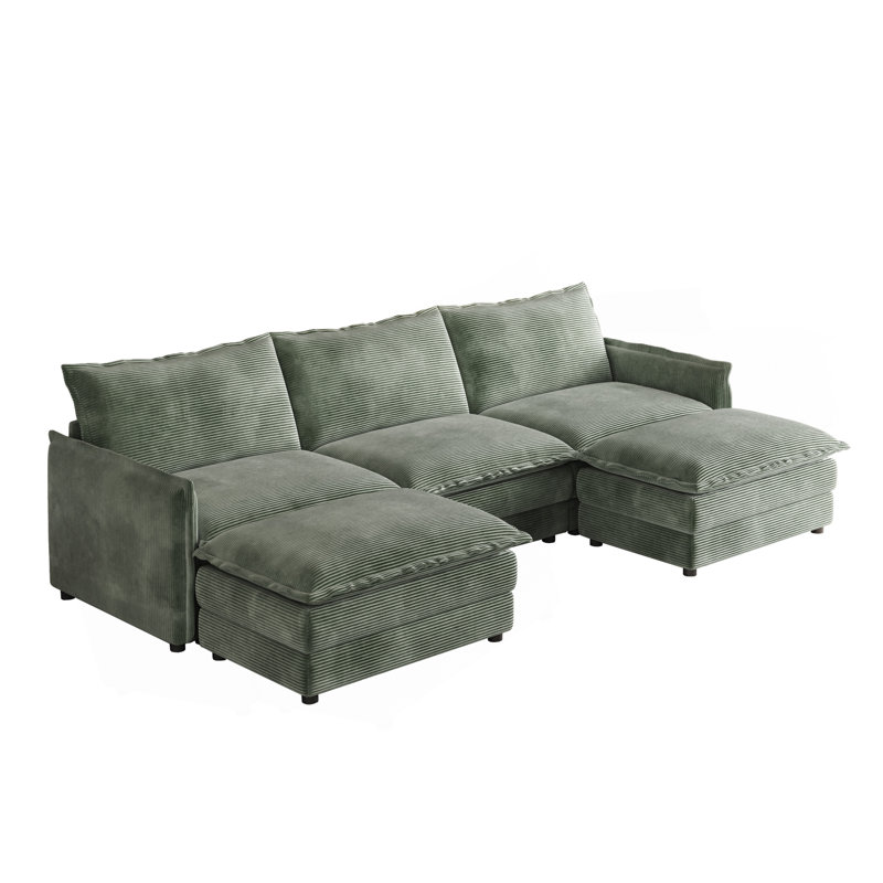 Canapé en tissu velours 3 places en velours côtelé confortable avec repose-pieds mobile pour le salon, ensemble de canapé en U surdimensionné à assise profonde, canapé rembourré à assise profonde de grande taille avec 3 coussins