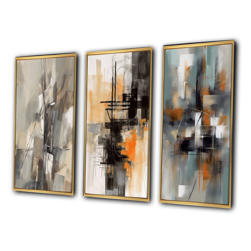 «Abstract Design Shapes», 3 pièces sur toile, Cadre flottant doré, H 20 po x l 36 po