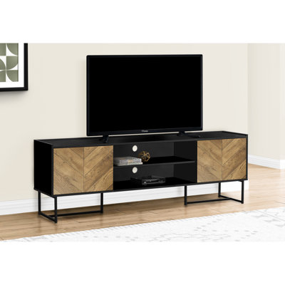 Meuble télé contemporain 72 po, divertissement multimédia avec rangement camouflé, stratifié brun et noir, mobile en métal