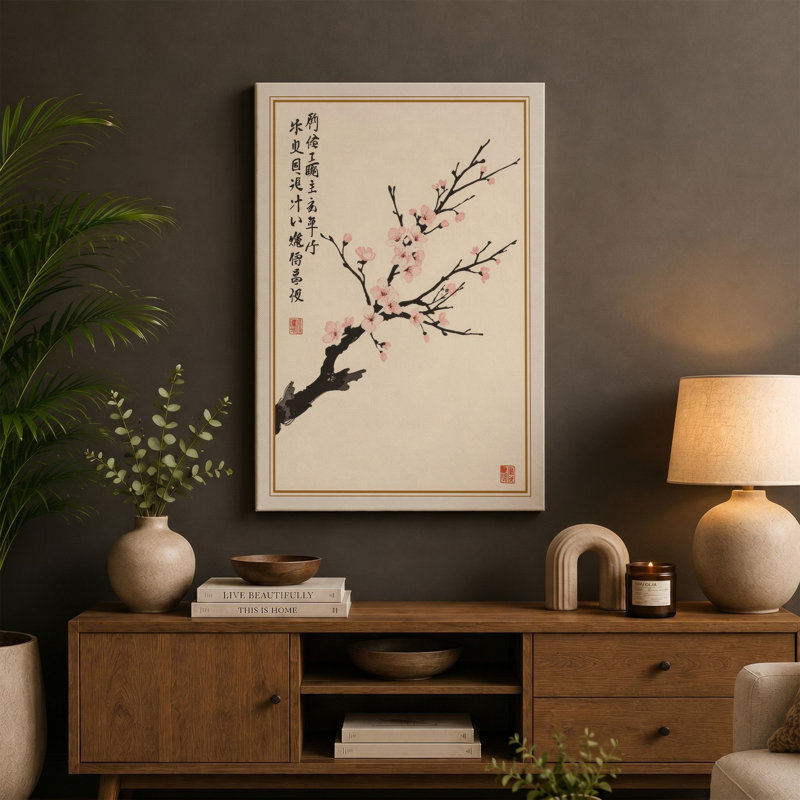 Plum Blossom Calligraphy Japandi - Wrapped Canvas, 24x16 - 61.0 x 40.6 cm, Cream Border