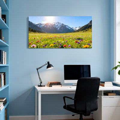 «Landscape & Nature Mountain Valley Flower Field Sunrise Landscape», reproduction sur toile