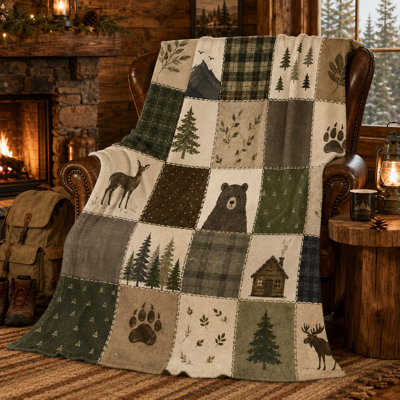 Plaid en flanelle patchwork à motif de faune sauvage avec ours, cerfs, orignaux, pins et chalet, imprimé rustique pour canapé, lit ou fauteuil de lecture, 76 x 102 cm