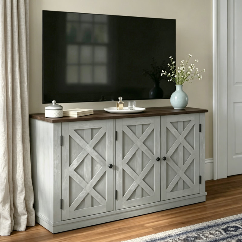 Barboza Farmhouse TV Stand for TVs up to 55", Rustic Media Console with 3 Cabinets , Saw Cut-off White