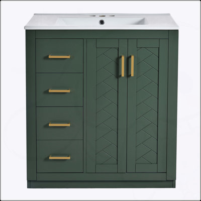 30'' Bathroom Vanity with Ceramic Sink, Solid Wood Frame, 3 Drawers & Soft Closing Doors, Freestanding Storage Cabinet