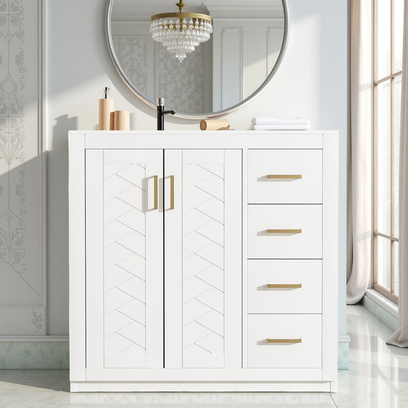 Meuble-lavabo moderne 36 po - Lavabo en céramique, tiroirs à fermeture en douceur, bois durable, Ivoire