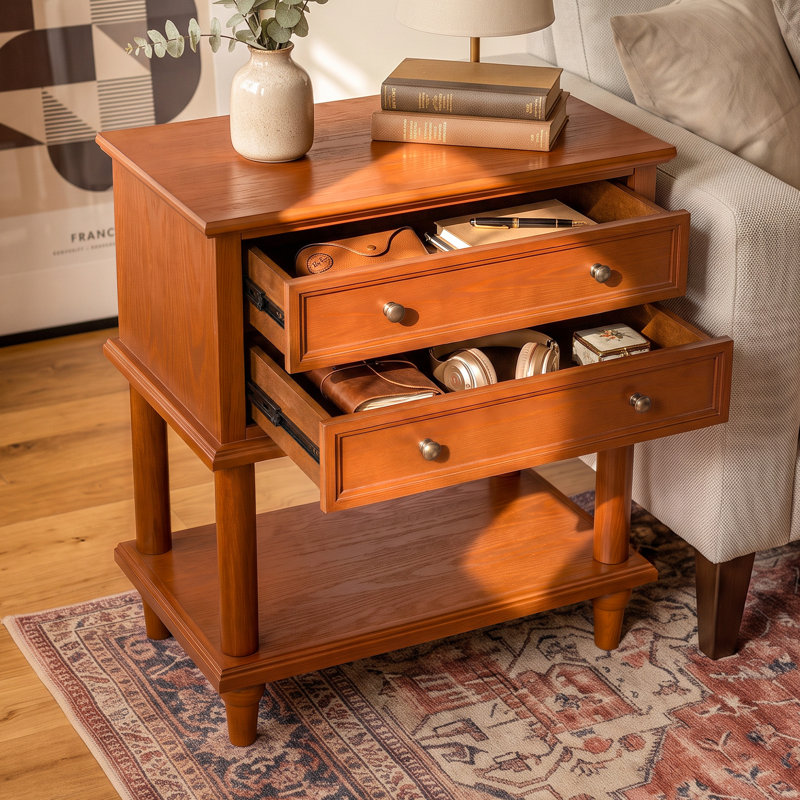 23.6'' W 2-Drawer End Table with Open Shelf, Brown