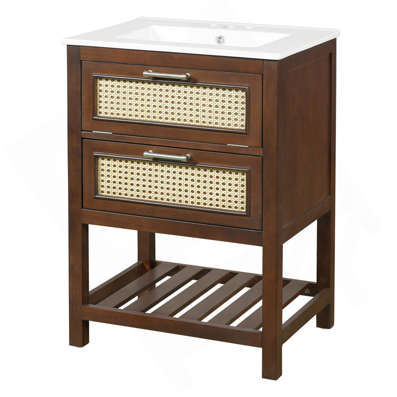Meuble-lavabo de 24 po avec lavabo intégré en céramique, meuble-lavabo à 1 tiroir profond, 1 tiroir basculant et meuble-lavabo simple pour les petites et moyennes toilettes