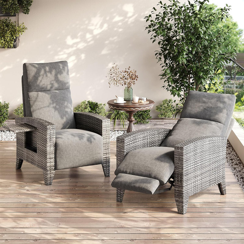 Outdoor Wicker Recliner Chair with 150° Adjustable Backrest and Footrest, Flip-Up Side Table, Cushioned Patio Lounge Chair