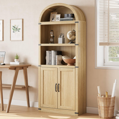 71.65" Arched Farmhouse Bookcase with Cabinet, Wooden 3-Shelf Storage Bookcase for Living Room & Home Office