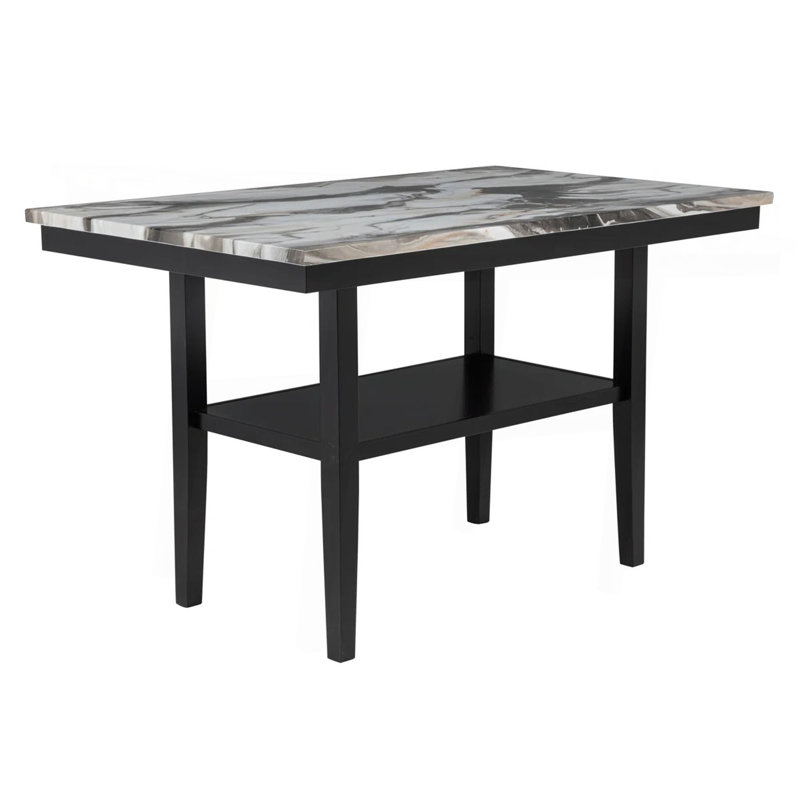 Table de salle à manger de comptoir de 60 po avec tablette inférieure de rangement, plateau en bois à finition marbre pour la salle à manger de cuisine, noir