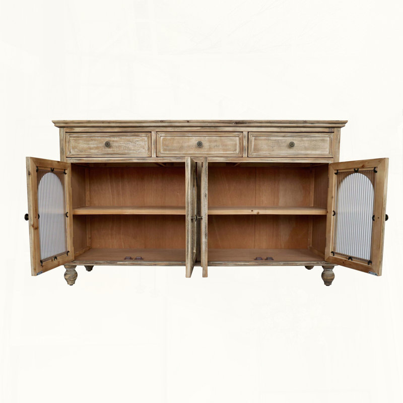 Farmhouse Sideboard Buffet Cabinet with Arched Fluted Glass Doors, Distressed Brown