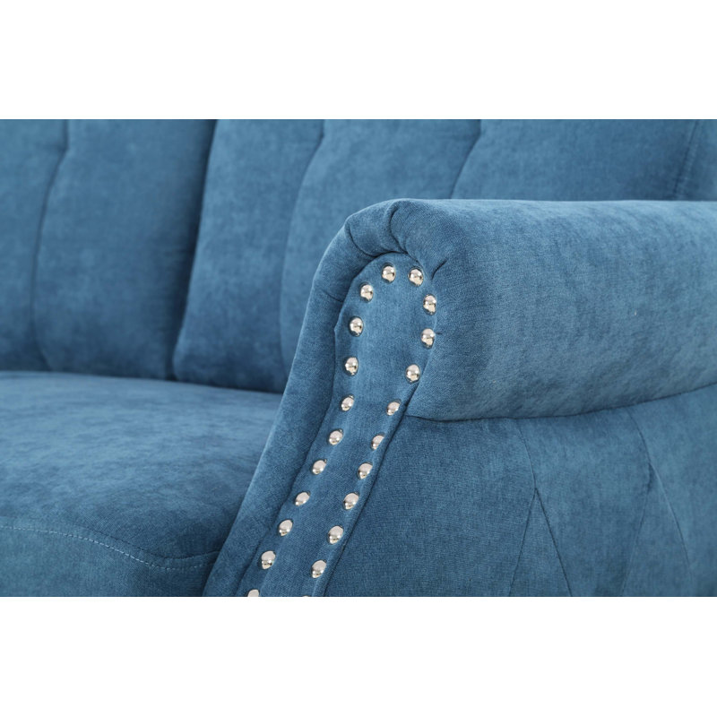 Canapé-lit transitionnel capitonné à boutons avec bordure cloutée et structure en pin massif, Navy Blue Fabric