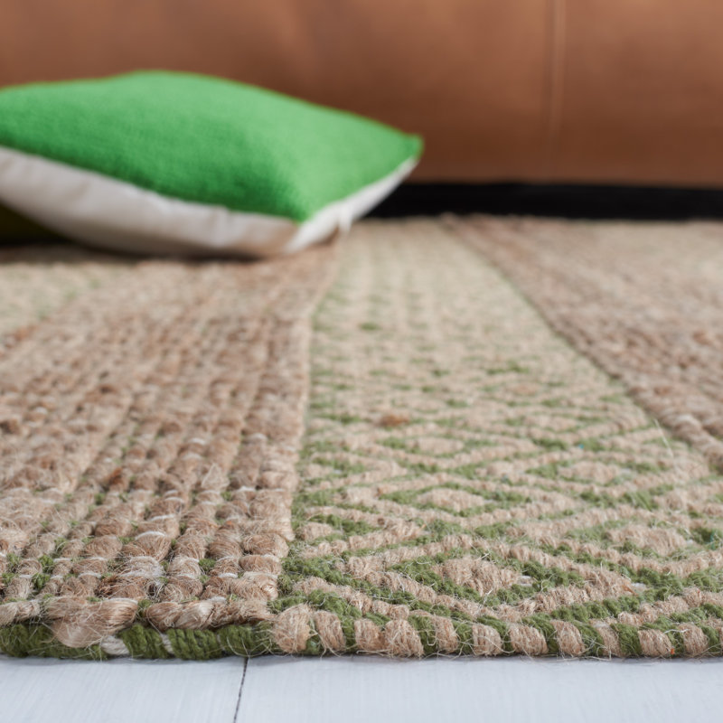Tapis vert / naturel tissé à plat à motif géométrique Sottile, Rond 7 pi