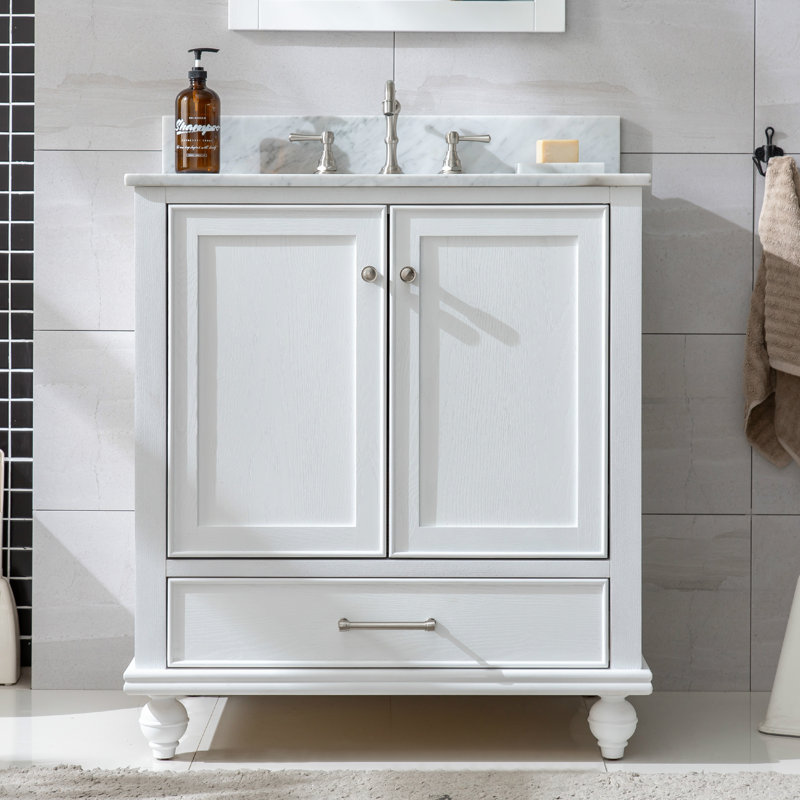 Ensemble de meuble-lavabo simple 30 po Angelissa, Grain blanc / nickel brossé, Pierre naturelle blanc de Carrare