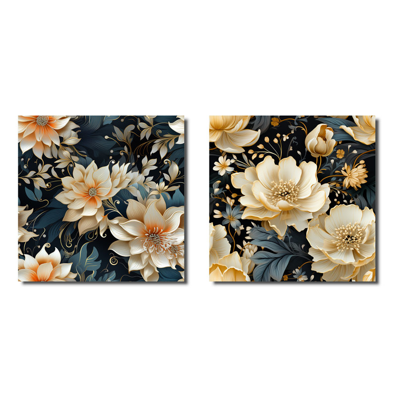 Jans - ensemble de 2 collages carrés floraux, H 16 po x l 33 po, Toile tendue
