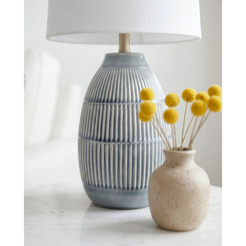 Modern Ceramic Table Lamp, Linen, White, Blue
