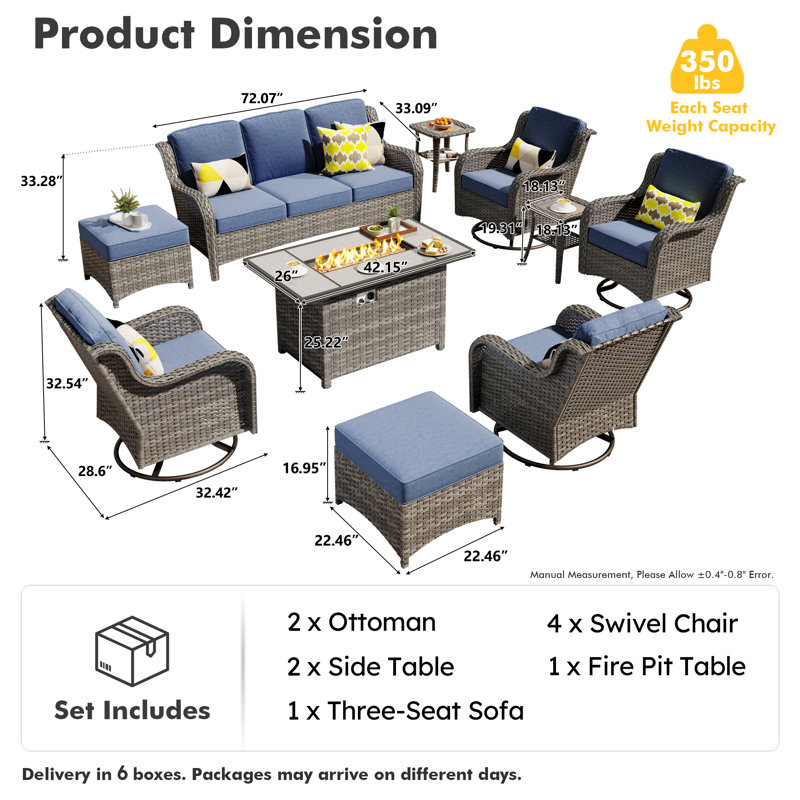 Tommy Outdoor Wicker 7 Person Seating Group With Cushions With A Fire Pit, Blue