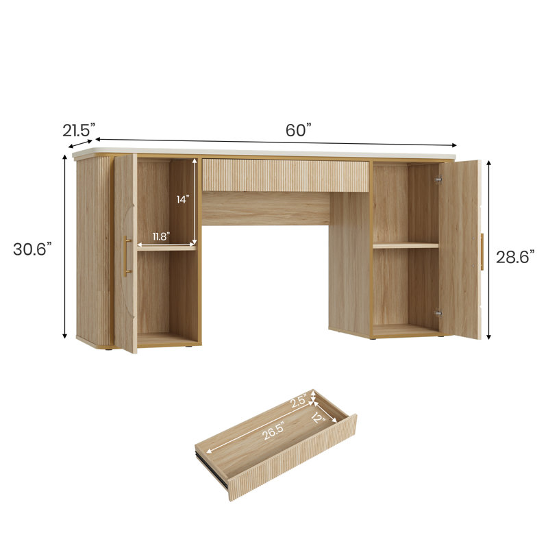 Bureau de direction moderne cannelé de 60 po, bureau d'écriture long en bois avec tiroir et armoire de rangement, bureau d'ordinateur avec station de charge