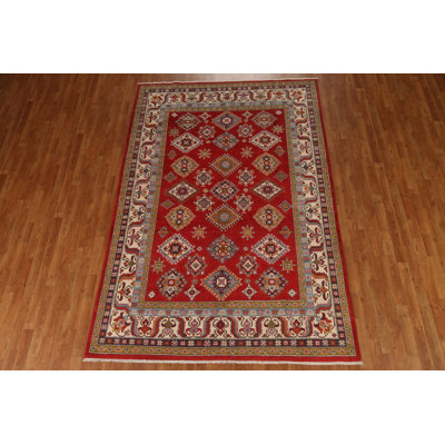 Tapis rouge / beige en laine noué à la main de conception unique 6 pi 6 po x 9 pi 7 po New Age