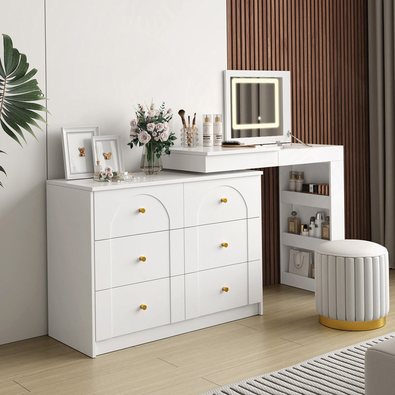 Bureau de coiffeuse avec miroir et lumières, table de coiffeuse avec plateau de table rabattable et tiroirs et tablettes de rangement